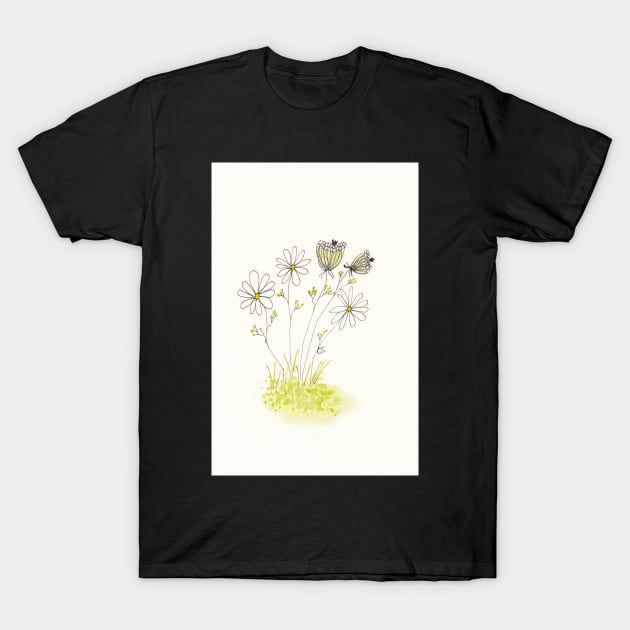 Queen Anne's Lace and Daisies in Pen Ink and Watercolor T-Shirt by ConniSchaf